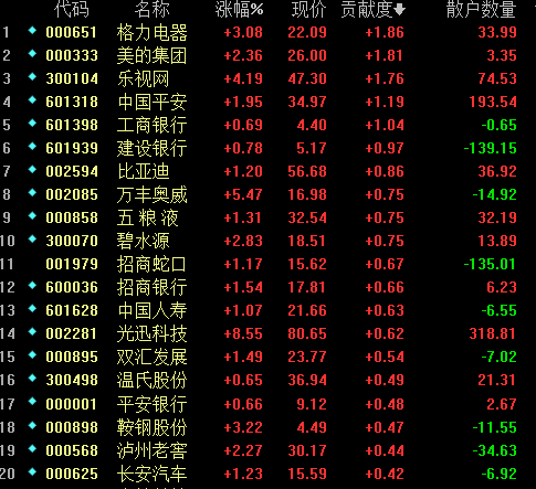 截至收盘影响指数的前20牛和20熊